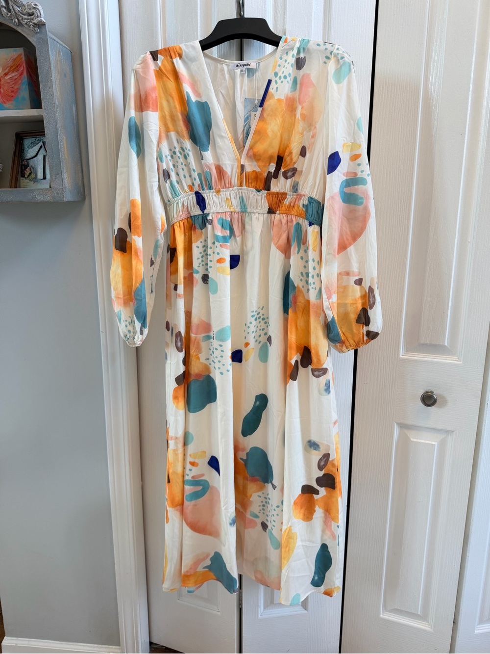 Abstract Print Midi Dress in Cream with Orange & Teal